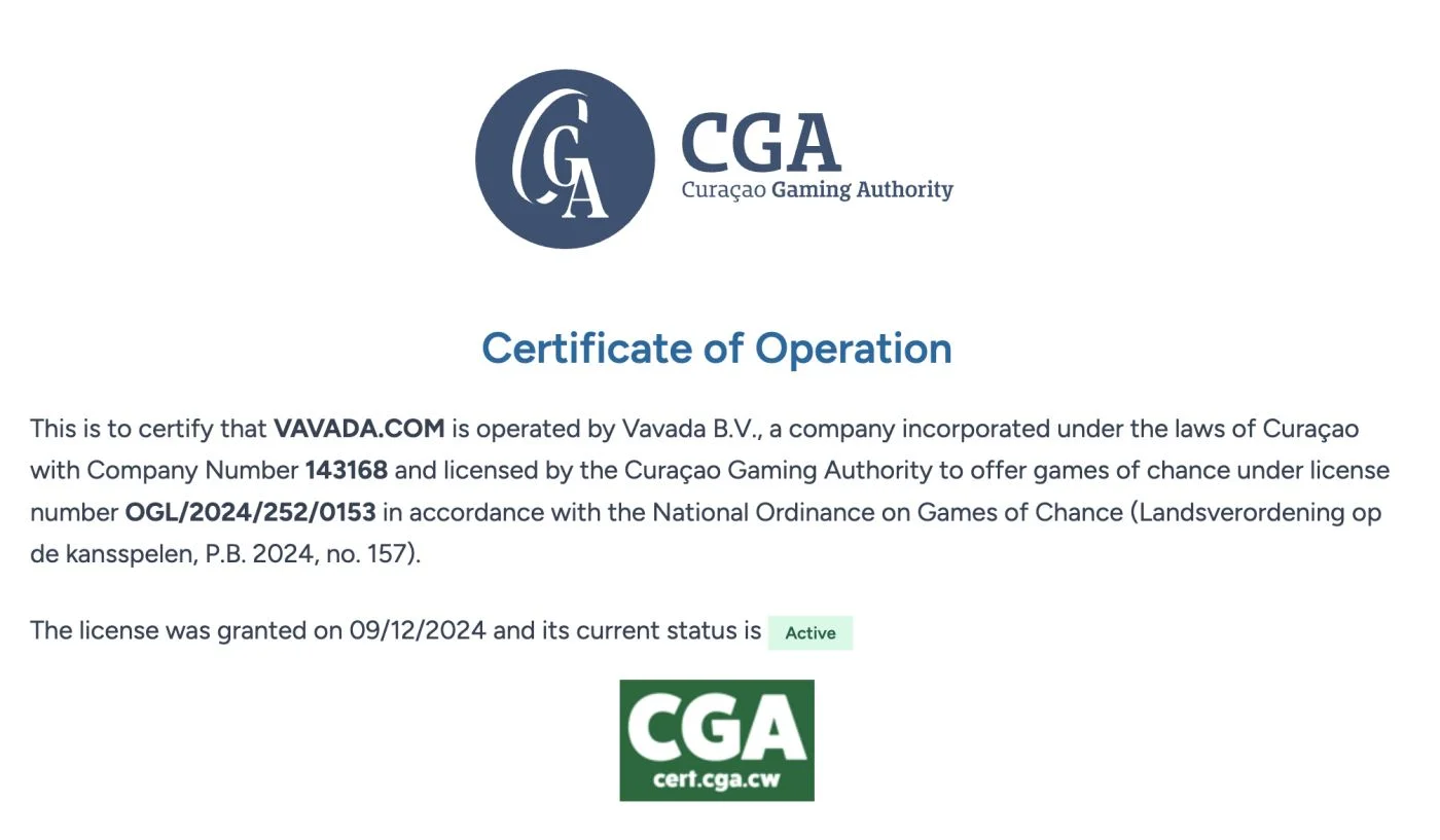 Сертификат CGA (Curaçao Gaming Authority) для VAVADA.COM: оператор Vavada B.V., номер компании 143168, лицензия OGL/2024/252/0153, статус Active